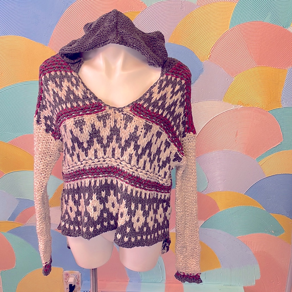 Free People Knit Loose V-Neck Sweater Sz S Grey White And Red With Hood